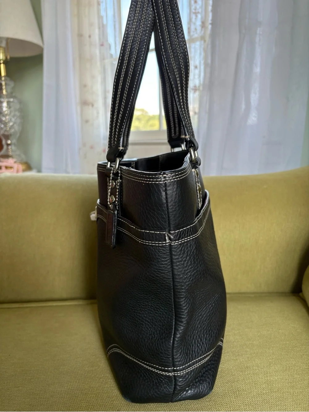Coach Black Pebbled Leather Shoulder Bag with White Stitching
